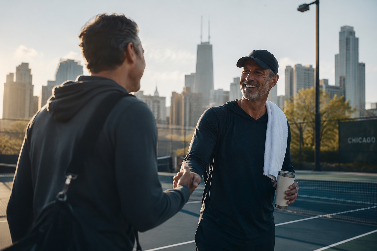 Two players shaking hands courtside after a morning session, the city skyline behind them